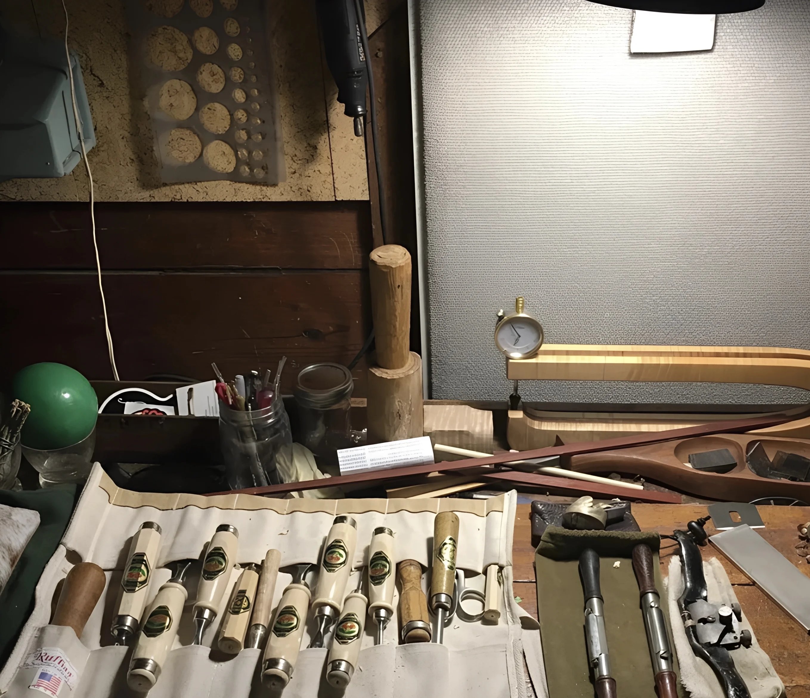 Professional luthier tools used for instrument repair and craftsmanship