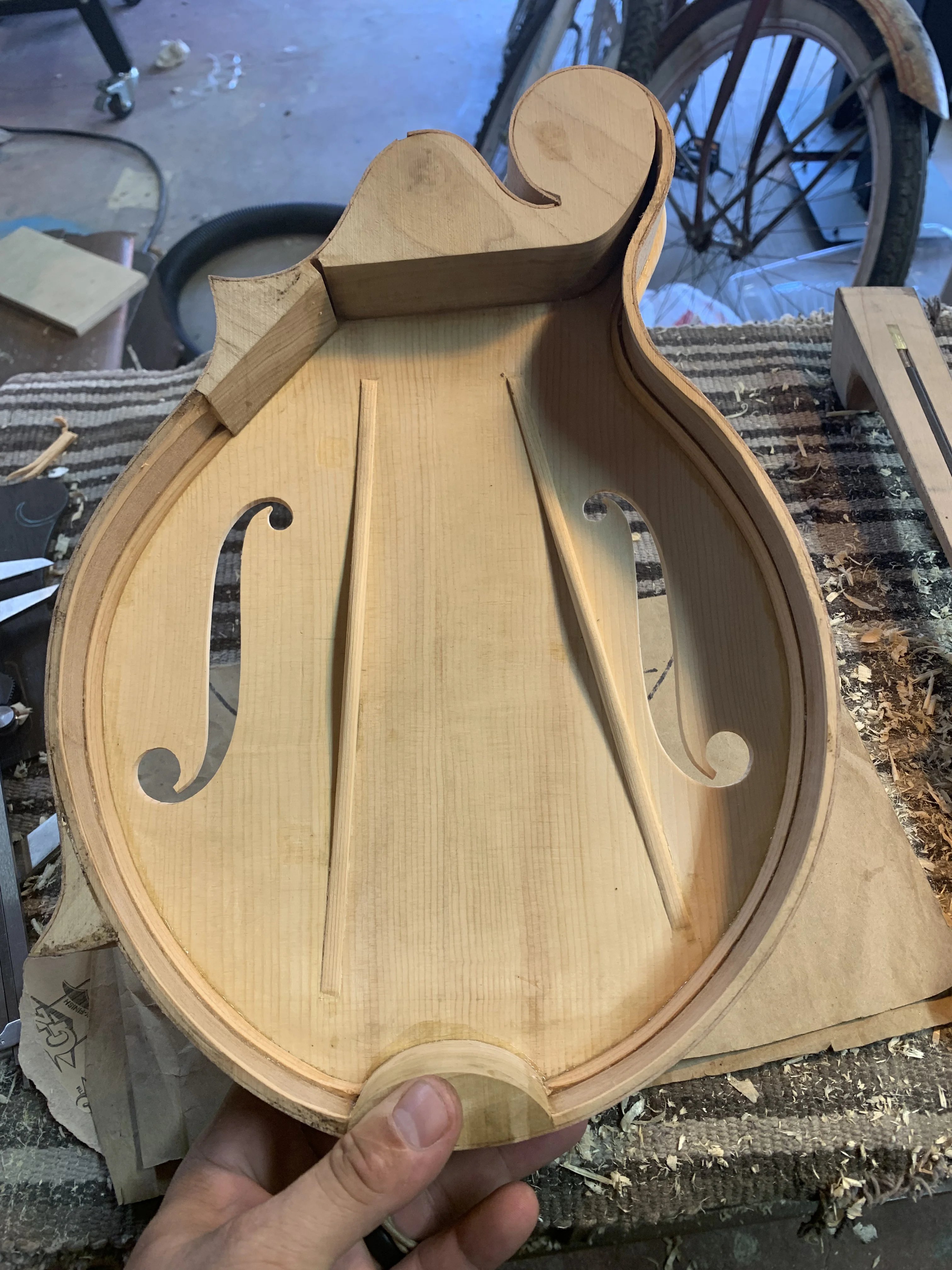 Top plate with tone bars fitted inside a mandolin body outline