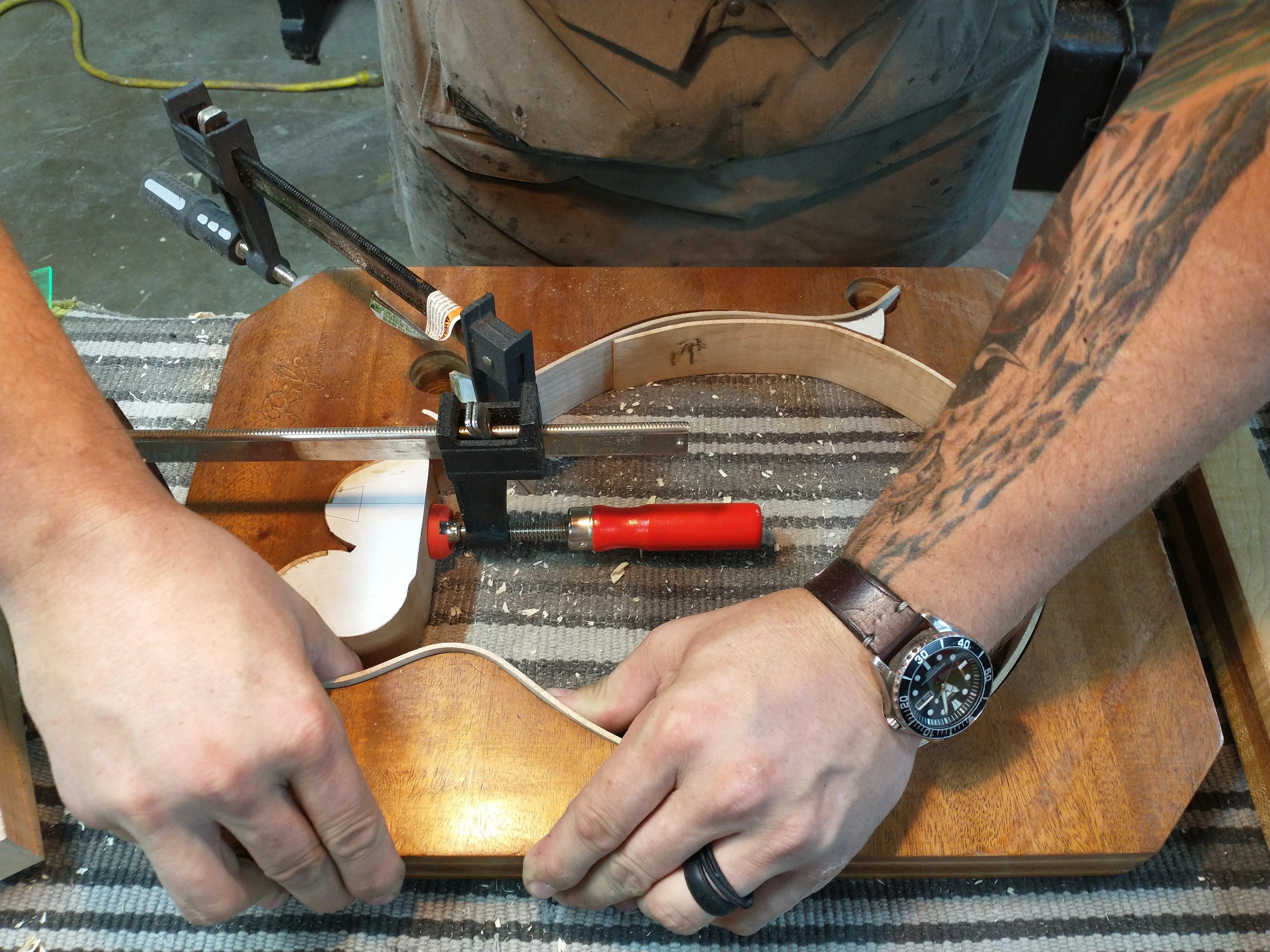 Shop-built clamping jig for mandolin work